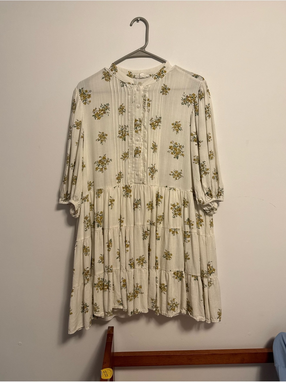 Tiered Floral Midi Dress in Creamy White with Yellow-Green Floral Print
